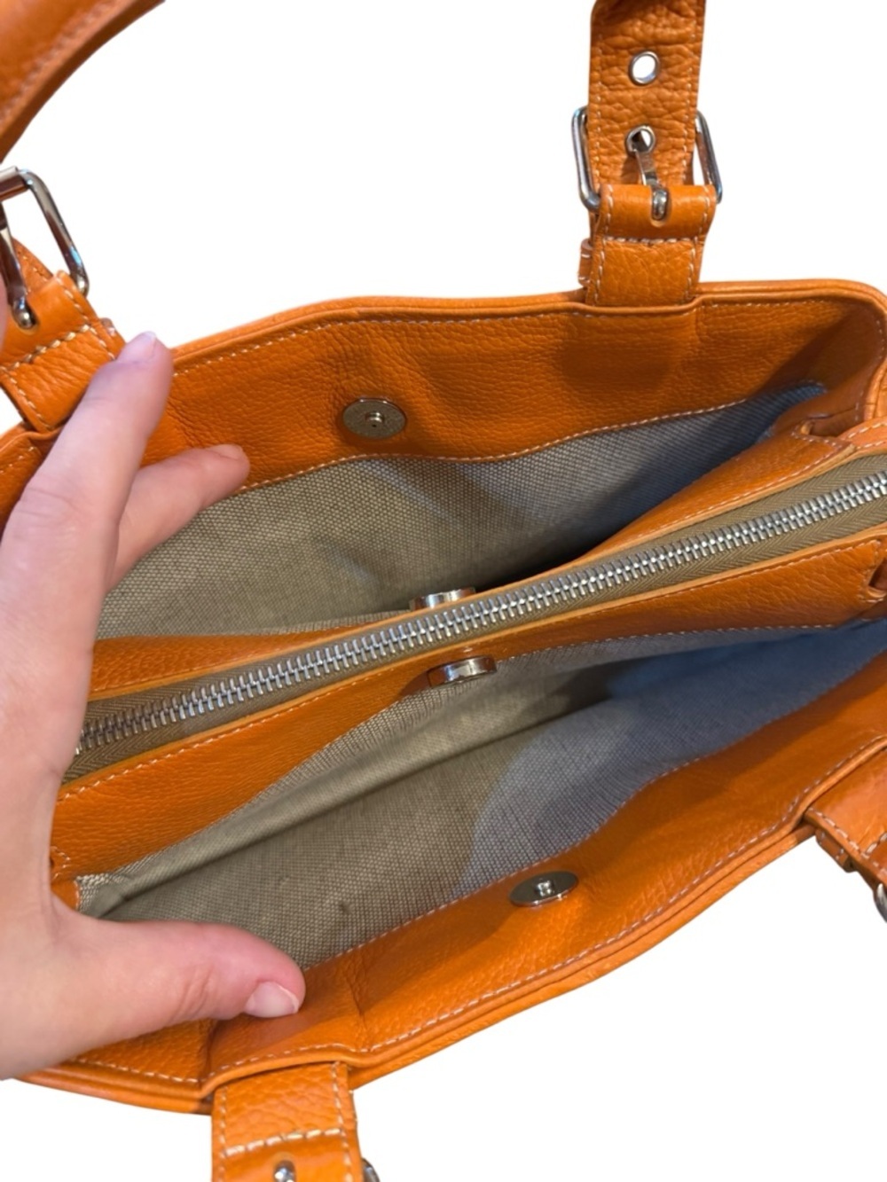 DOONEY & bourke Structured Pebbled Orange Leather Satchel with Top Handles - Picture 6 of 8